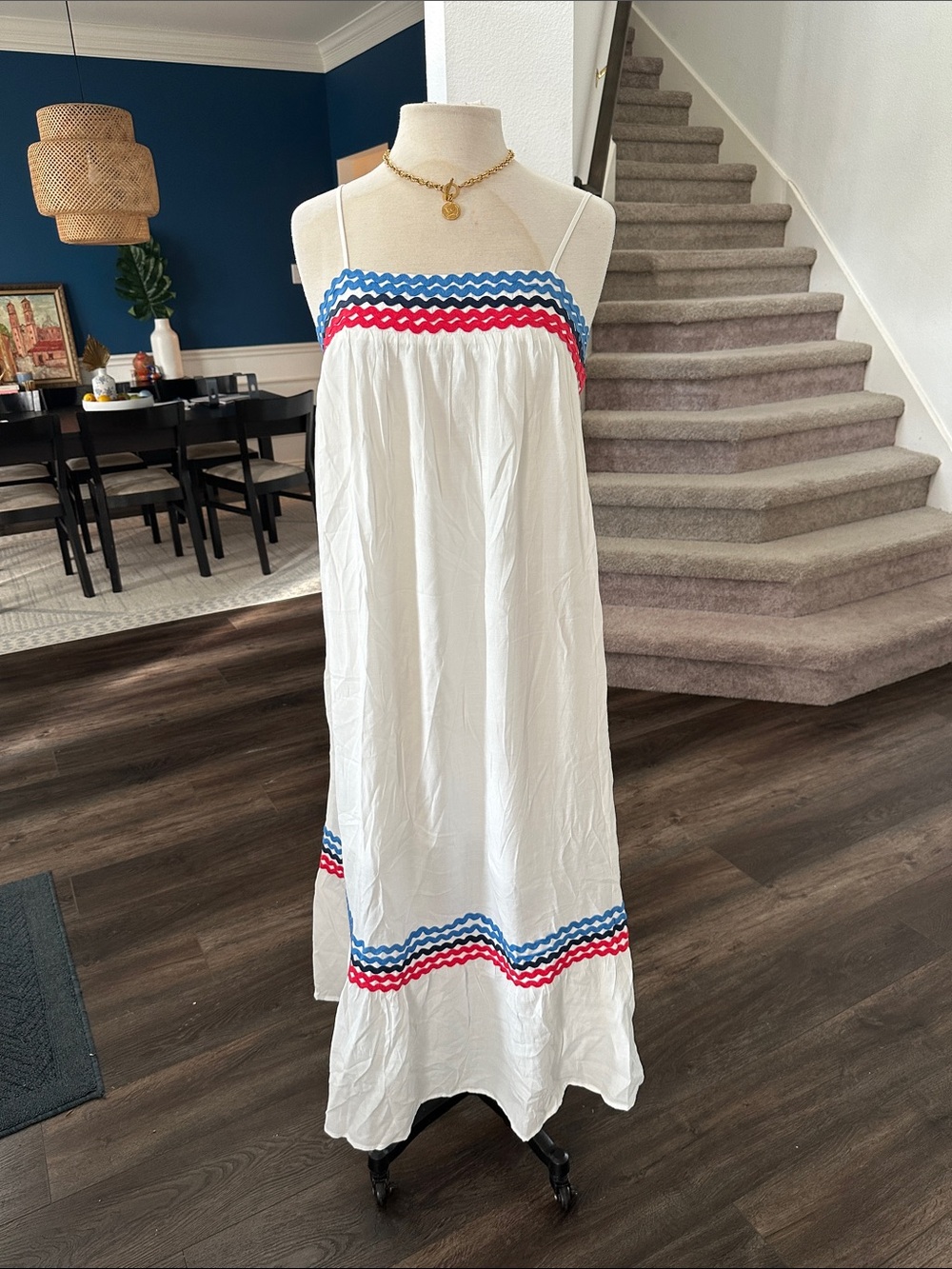 entro White Maxi Dress with Red and Blue Trim